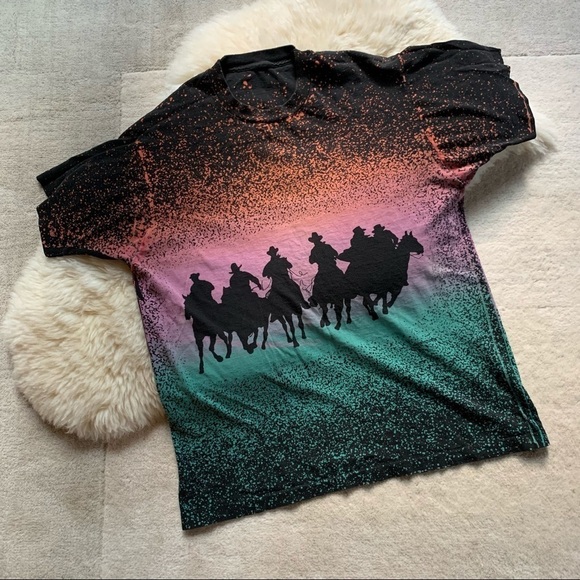 Vintage Retro Bleach Dyed Ombré Cowboy T-Shirt L
